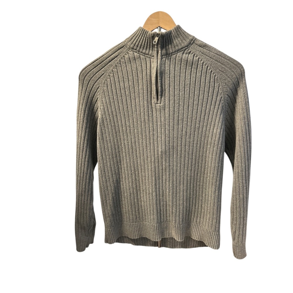 GH Bass Earth Mens‎ XL Quarter Zip Ribbed Knit Mock Neck Sweater Gray Cotton